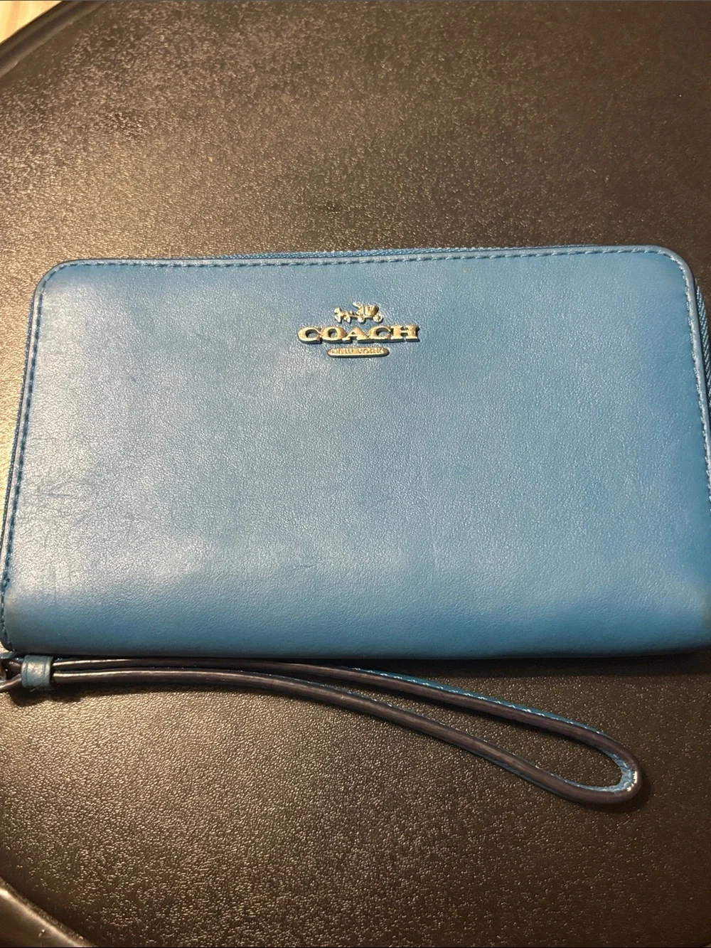 Coach Bright Blue Leather Zip Wristlet with Gold Logo